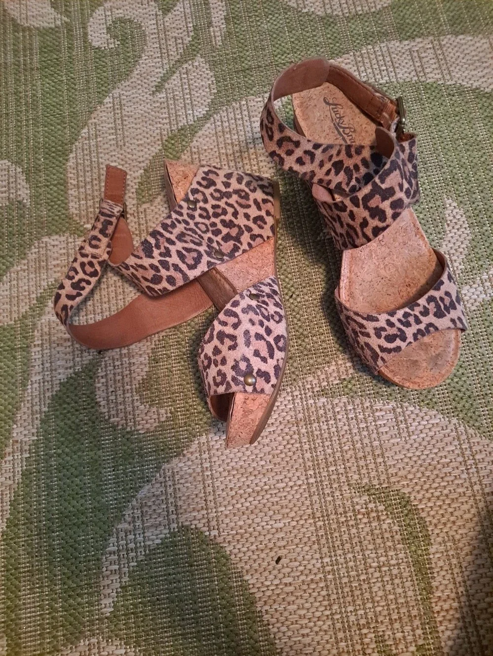 Vintage Lucky Brand Leopard Print Women’s Cork Wedge Sandals - Brown